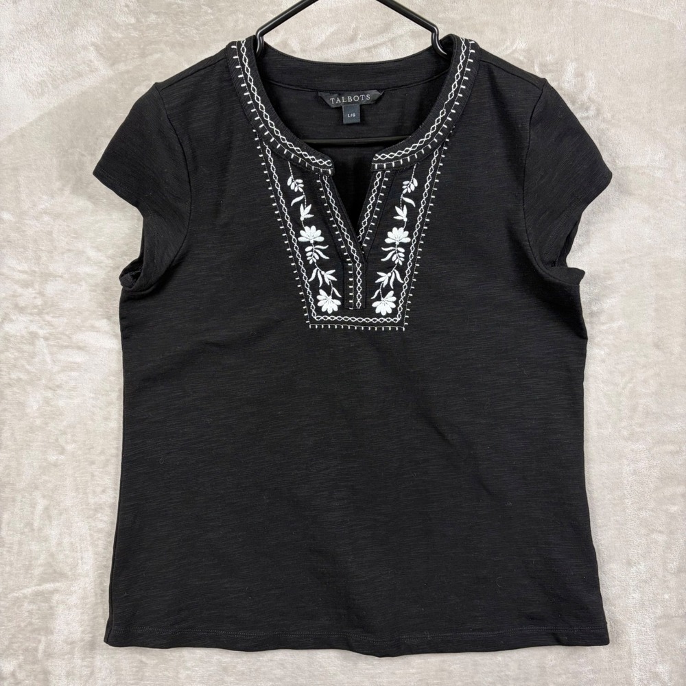 Talbots Blouse Top Women L Black Embroidered Split Neck Short Sleeve Boho Floral